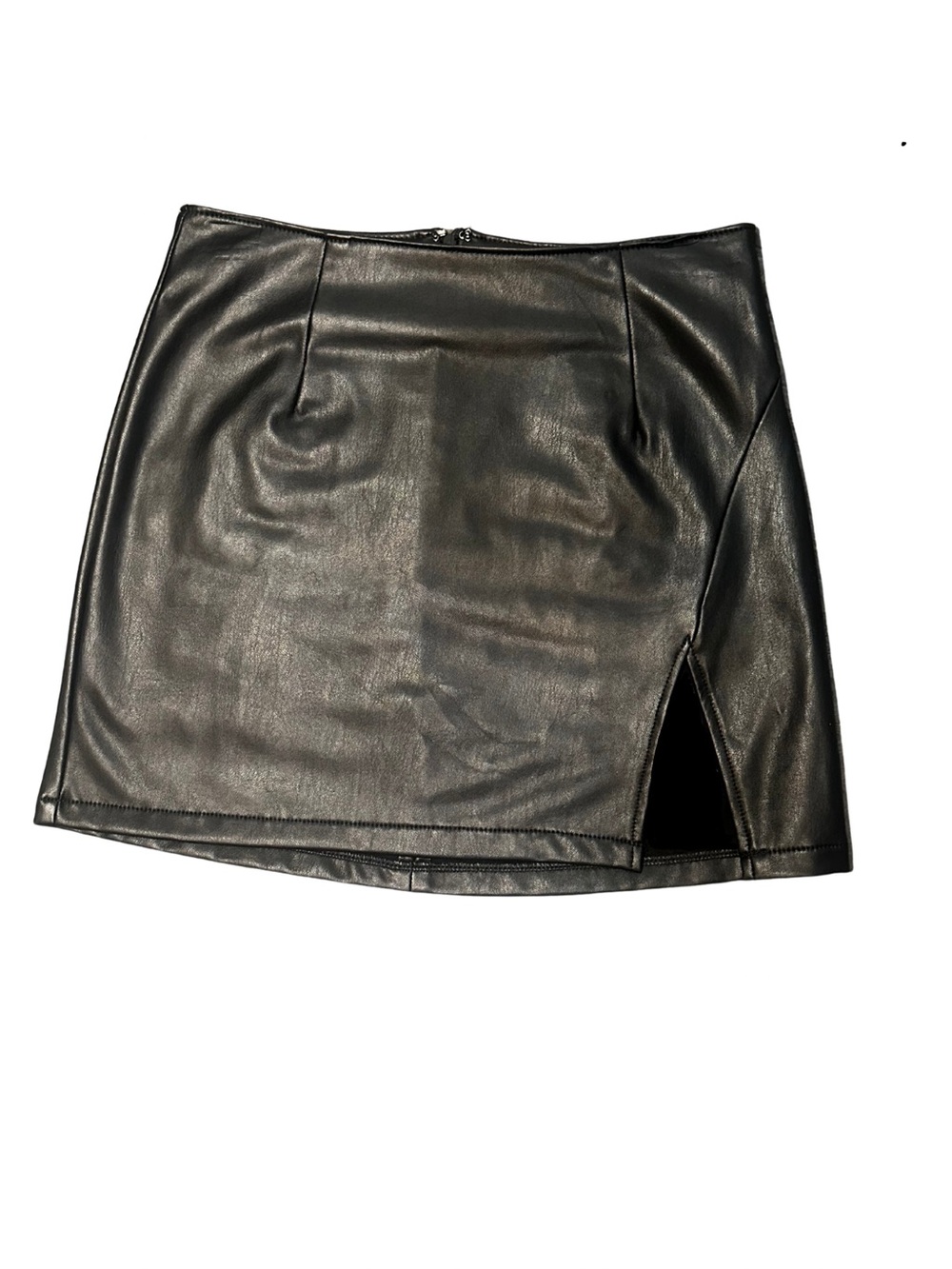 Black Faux Leather Mini Skirt with Front Slit
